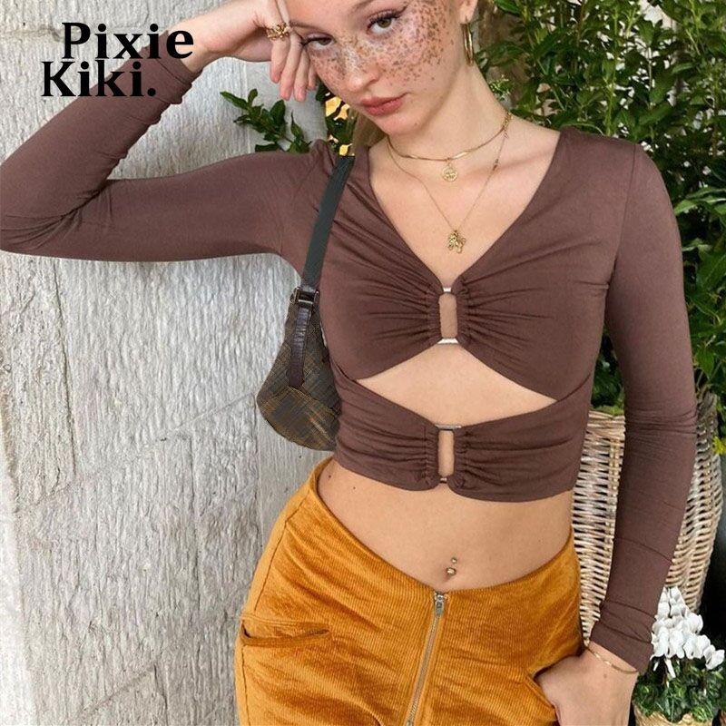 

Women's T-Shirt PixieKiki Sexy Fashion Hollow Out Crop Tops For Women V Neck Long Sleeve T Shirts Black Brown Y2k Clothes Fitted Tee P33-BE1, White
