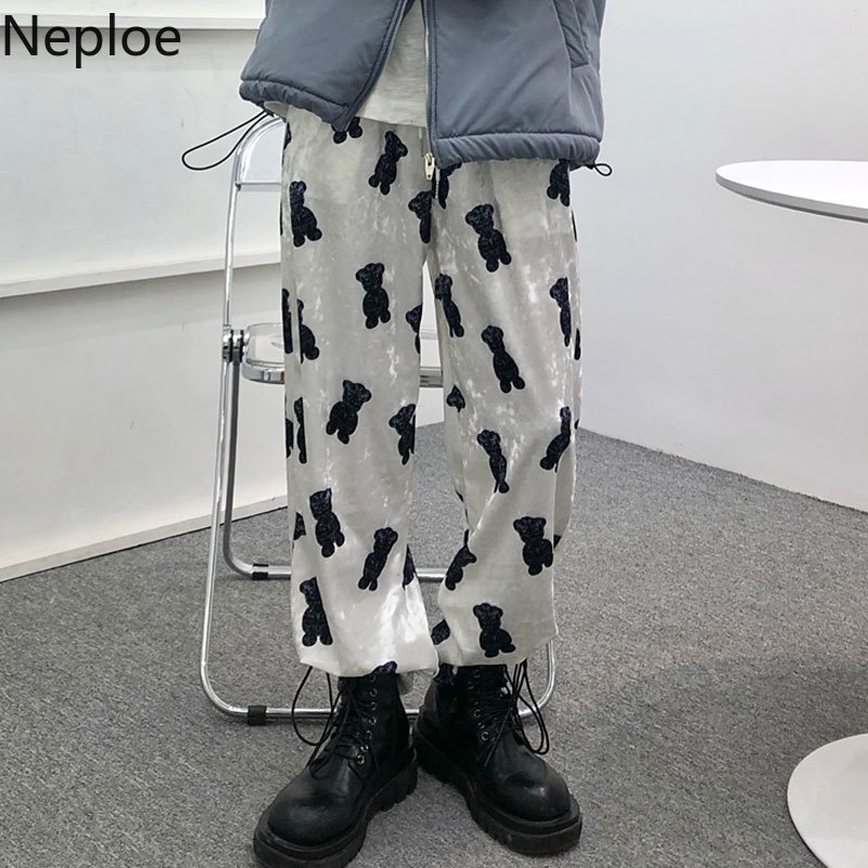 Pantaloni neploe per donne in velluto casual orso stampato pantalon primaverile coreano pantaloni magri per pantaloni della tuta dritti 210422