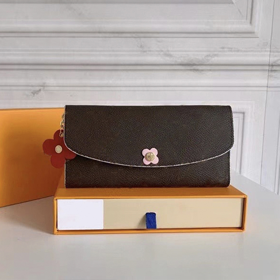

Buckle Wallets Women Fashion Hanging Flowers Clutch Long Purses Woman Luxury Designer Leather Classic Coin Purse Credit Card Key Wallet With box, Orange-brown flower