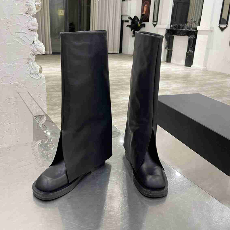 Fashion black women long boots square toe trouser boot comfortable cowhide front split designer motorcycle booties