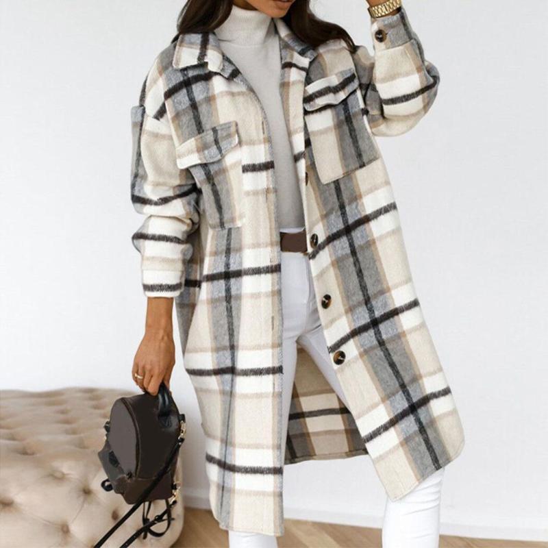 

Women' Wool & Blends Women Oversized Coat Shirt Fashion Plaid Printed Turn Down Collar Long Casual Single-Breasted Winter Windbreaker, Black