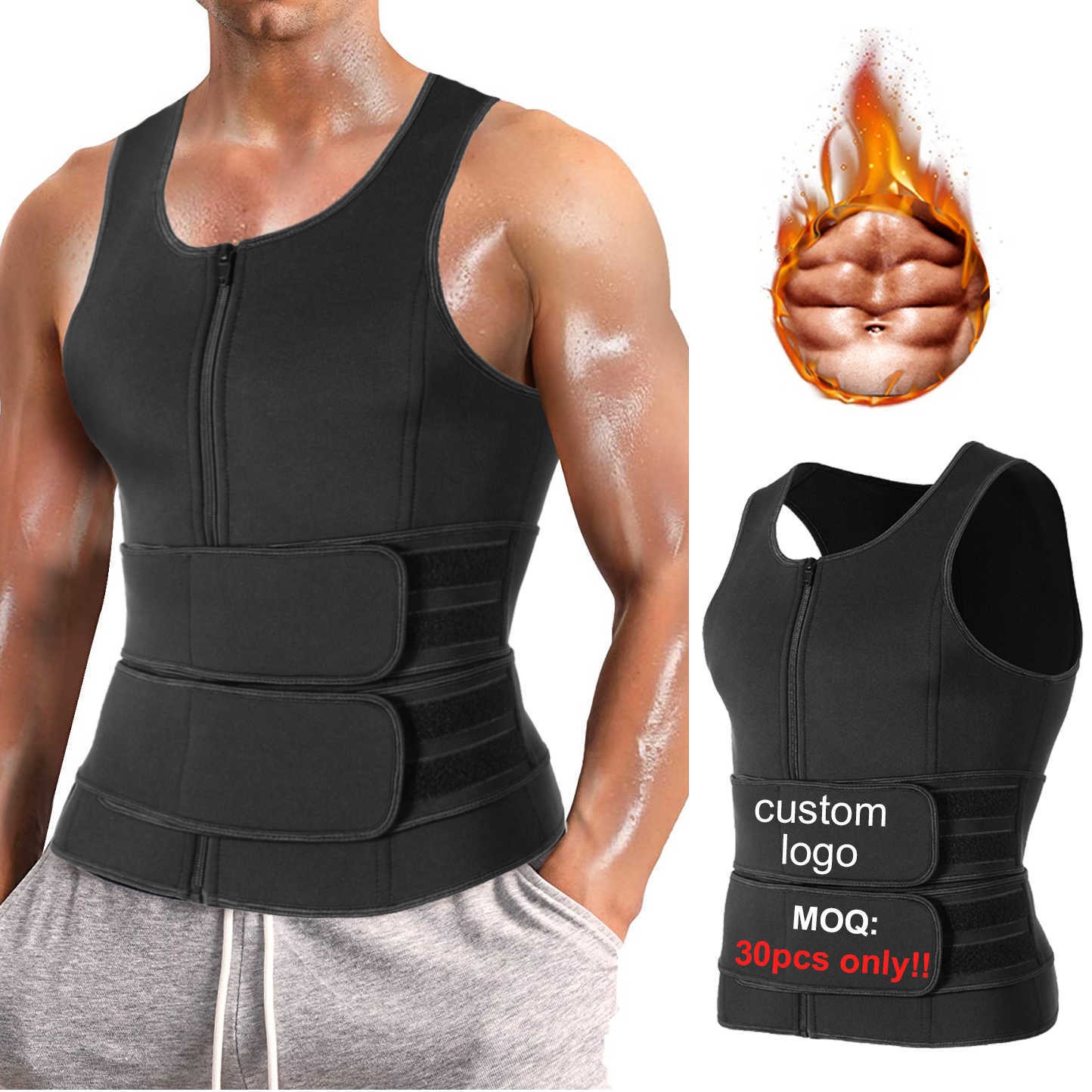 

Men Body Shaper Sauna Vest Waist Trainer Double Belt Sweat Shirt Corset Tops Abdomen Slimming Shapewear Fat Burn Fitness Top, Black 1 belt