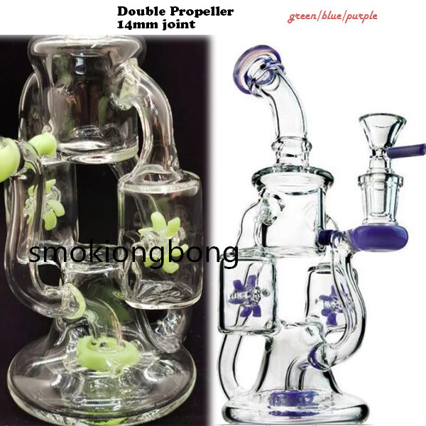

Double Recycler Bong Hookahs Propeller Thick glass Water Pipes Smoking Unique Rigs 9.4 inchs With 14mm Bowl