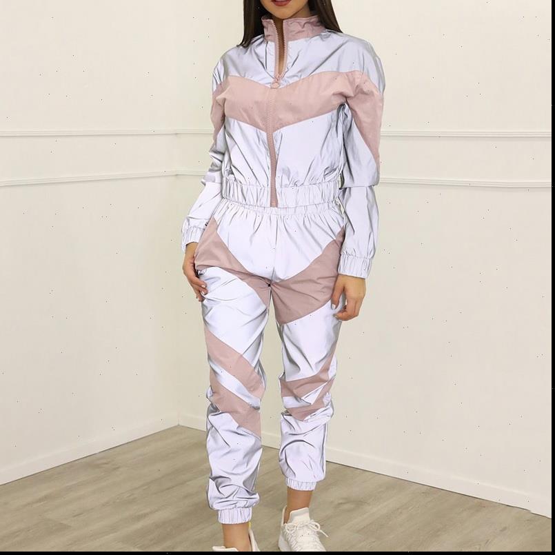 

2 piece set reflective women tracksuits crop pants fashion loose zipper jacket coat trouser suit, Gray
