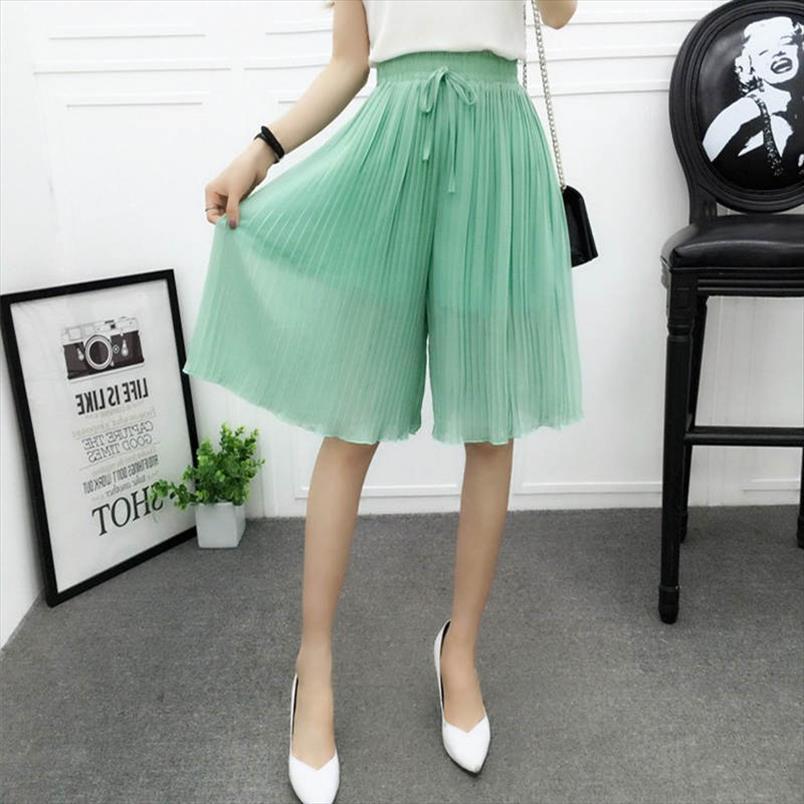 

chiffon wide leg femme trousers women shorts loose lace up high waist knee length midi pleated summer capris c7258, White;black