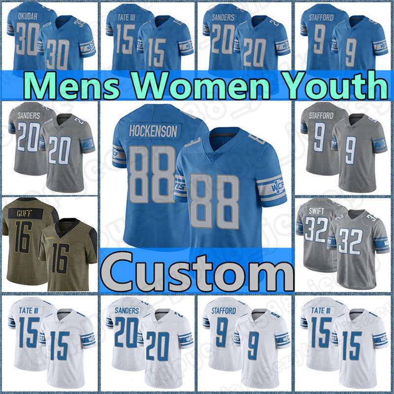 

Custom 88 T.J. Hockenson 16 Jared Men Goff Football Jesery Detroit 20 Barry Sanders 32 D'Andre Swift Billy Sims Lion Penei Sewell Mike Ford Derrick Barnes Dick LeBeau, Custom men (x s)