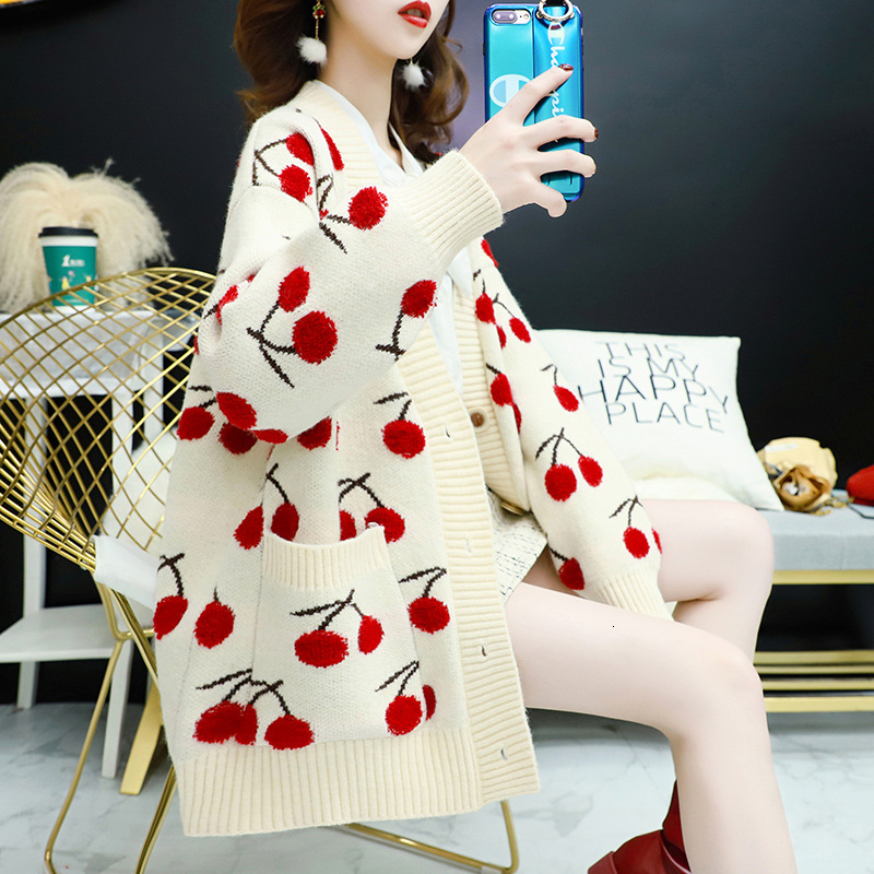 

women's sweaters red net knitted female cardigan, autumn, thick, loose, embroidered cherry, thick coat, qltj, White;black