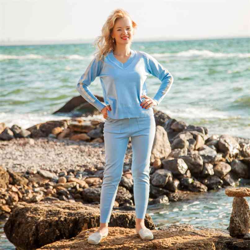 

Autumn Bling Striped Sweater Tracksuit V-neck Full Sleeve Drawstring Pants Knitted Suit Two Piece Set Women 210602, Red