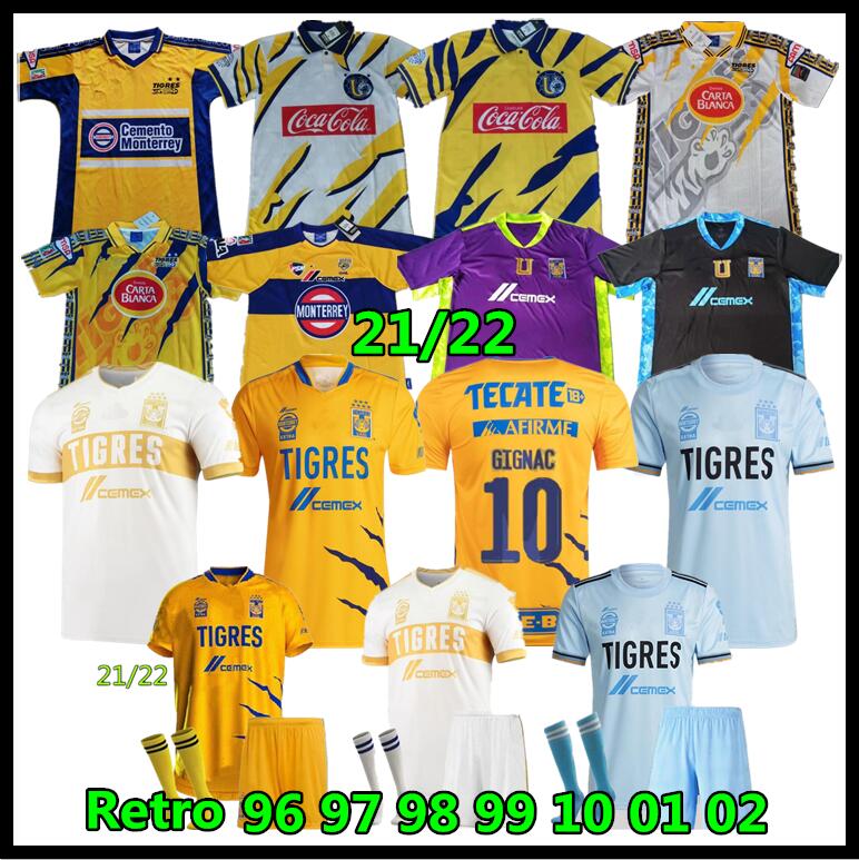 

LIGA MX 21 22 Tigres UANL soccer jerseys home away THAUVIN GIGNAC NICO LOPEZ 96 97 98 99 00 01 02 L.FERNANDEZ PIZARRO football shirts maillot de foot thailand, 21/22 white