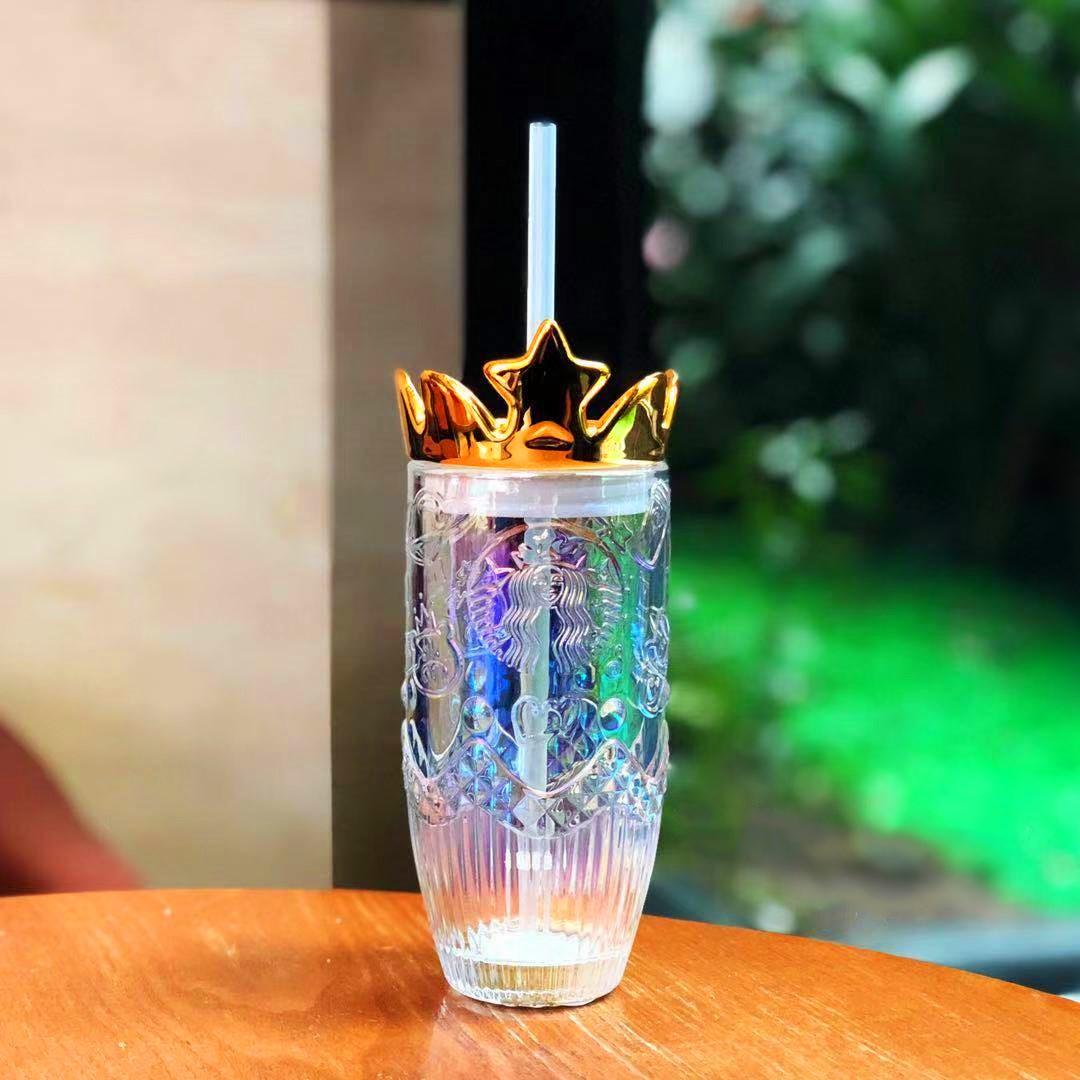 

2021 Starbucks Straw Mug Valentine's Day dazzle colour Crown Glass transparent Relief Mermaid Coffee Ice cup 18oz, Clear