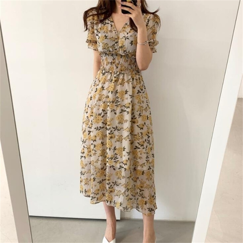 

Women Summer Dress V-Neck Casual Puff Sleeve Print Floral High Waist Vintage Chiffon Lace Up Elegant Long 210603, Picture color