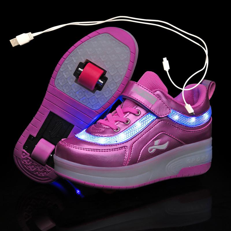 

Children Two Wheels Luminous Glowing Sneakers Black Pink Led Light Roller Skate Shoes Kids Boys Girls USB Charging, Black;red