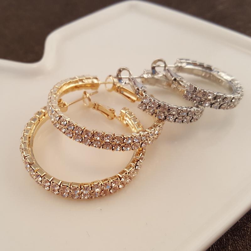 Fashion Design Full Crystal Geometry 2 Rows And 3cm Circle Earrings Temperament Personality Wild C-type For Woman Hoop & Huggie-image-670902985