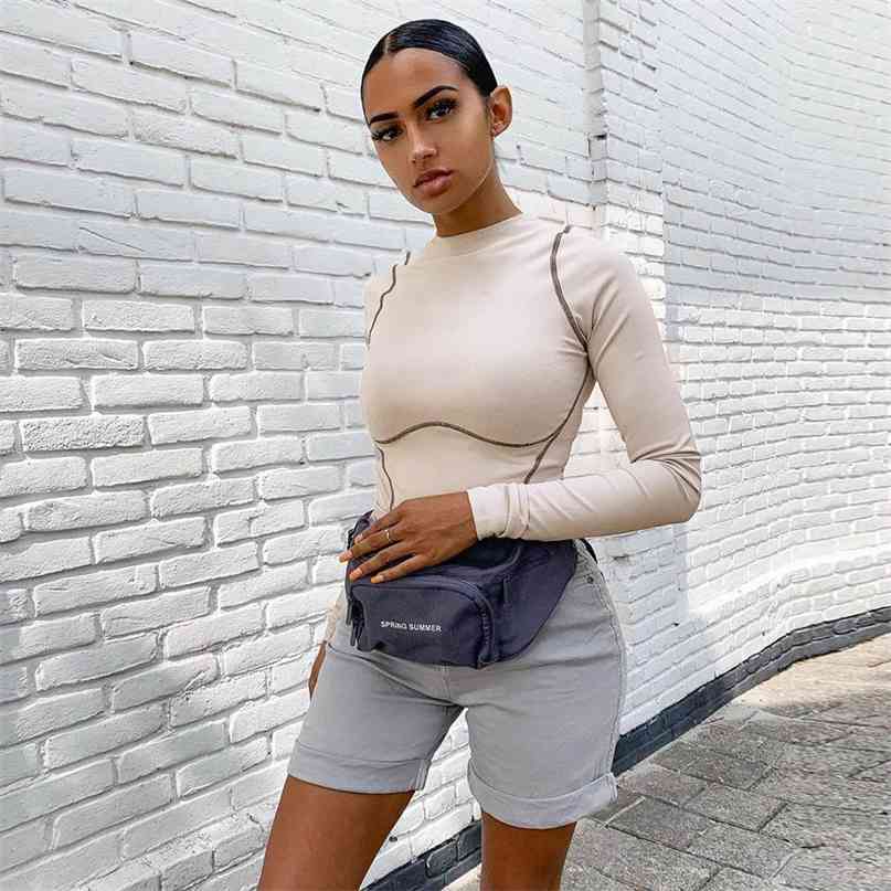 

long sleeve striped line patchwork bodycon sexy playsuit autumn winter women streetwear outfits female body 210607, Beige