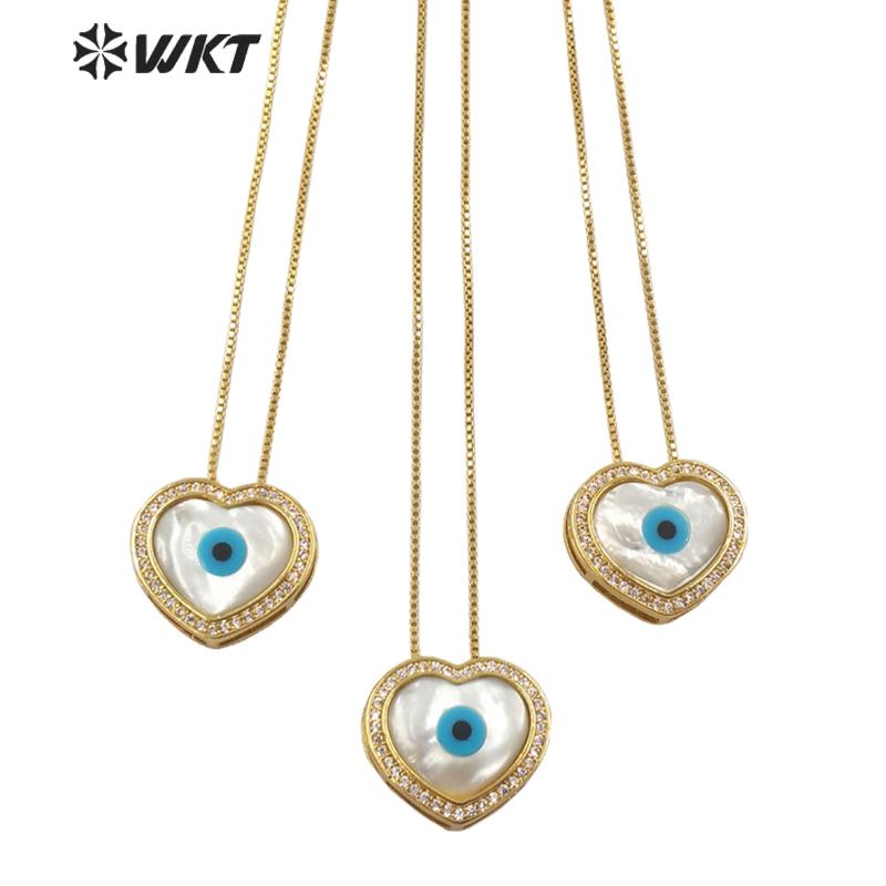 

pendant necklaces wt-mn973 wkt est design women charming micropave setting bezel natural shell eye heart necklace gold, Silver