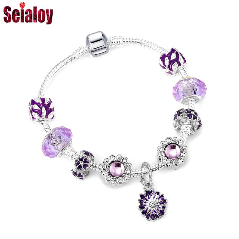 

Seialoy Purple Flower Charm Bracelets For Women Original Crystal Bead Snake Chain Bracelet Girl Birthday Jewelry Gift, Golden;silver