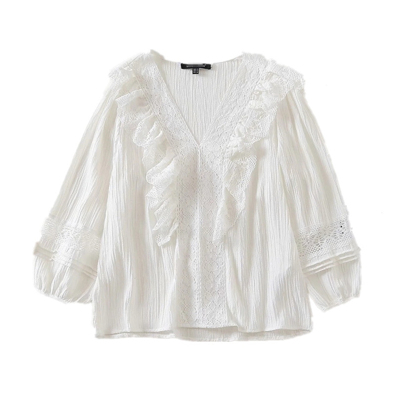 

Top Women Vintage Cutout Lace Trims Ruffle V-neck Blouses Mujer Fashion Puff Long Sleeve White Smocked Tops 210519