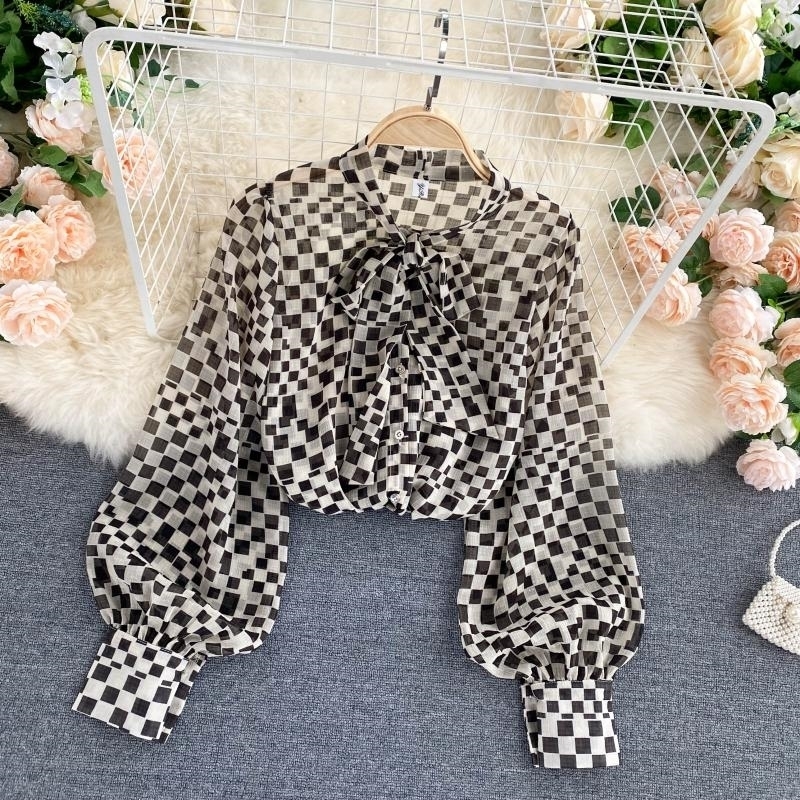 Women's Autumn New Blouse French Retro Bow O-Neck Long Sleeve Plaid Chiffon Shirts Women blusa PL488 210317
