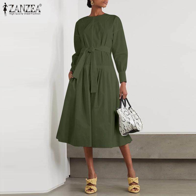 

Fashion Belted Party Work Sundress Elegant Office Women Dress 2021 Autumn Long Sleeve Solid Midi Vestido ZPlus Size Femme Casual Dresses, Black;gray