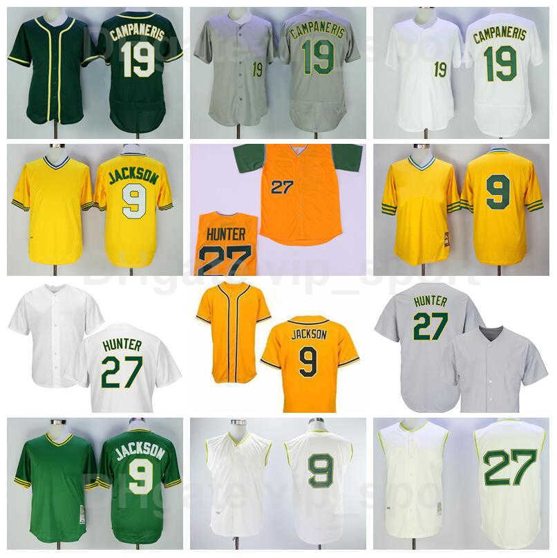 

Retro Baseball 9 Reggie Jackson Jersey 1974 1981 Vintage 19 Bert Campaneris 27 Catfish Hunter Flexbase Cool Base Pullover Embroidery And, White