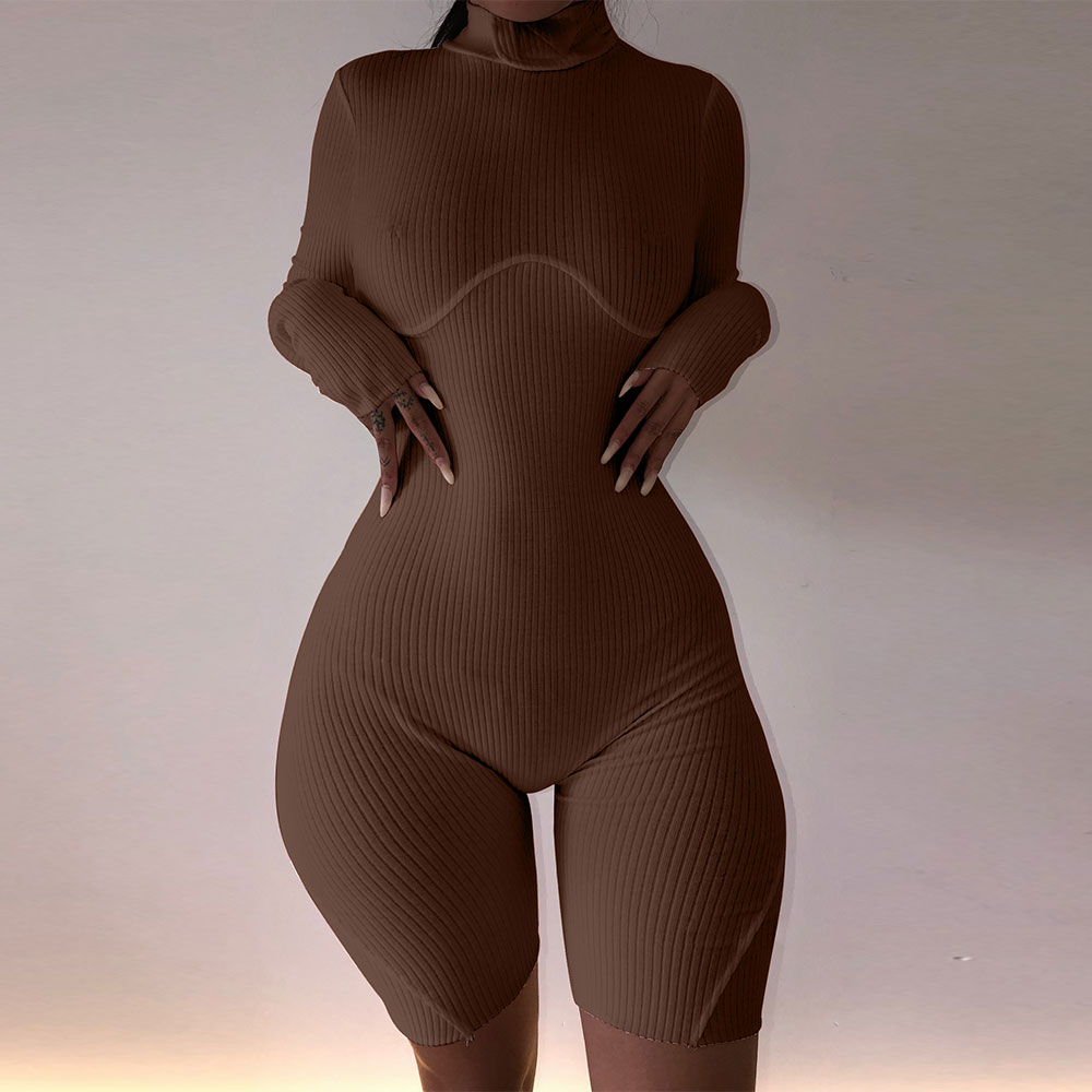 

KGFIGU Thick Brown Rompers For Women Autumn Solid Ribbed Jumpsuit Long Sleeve Knitting Outfit Cotton Streetwear Stretchy Clothes