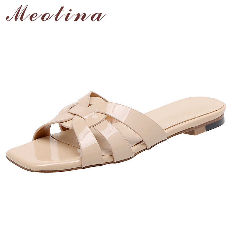 

Meotina Women Slippers Shoes Pleated Leather Sandals Flat Slides Square Toe Lady Footwear Summer Black White Size 33-43 Fashion 210608