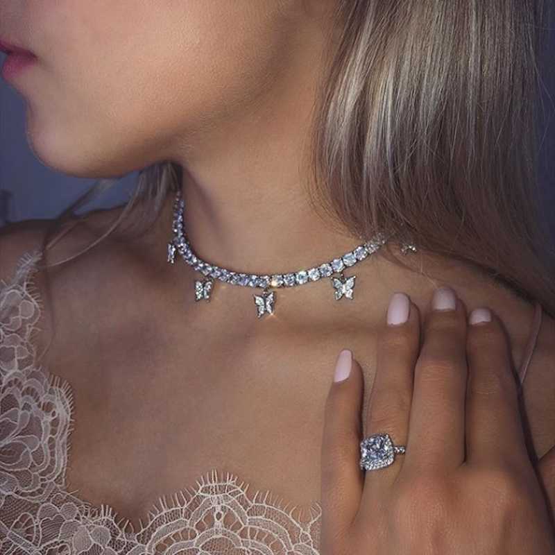 

Heart ArrowTennis Chain With Luxury Drip Butterfly Charm 32+10cm Choker Necklaces Iced Out Bling Multilayer Women Jewelry X0509