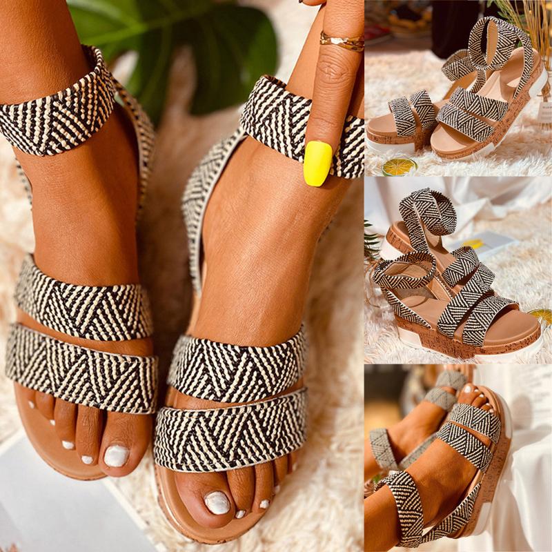 

Womens Sandals Open Toe Thick Bottom Flat Flip Flops Weaving Slippers Beach Shoe