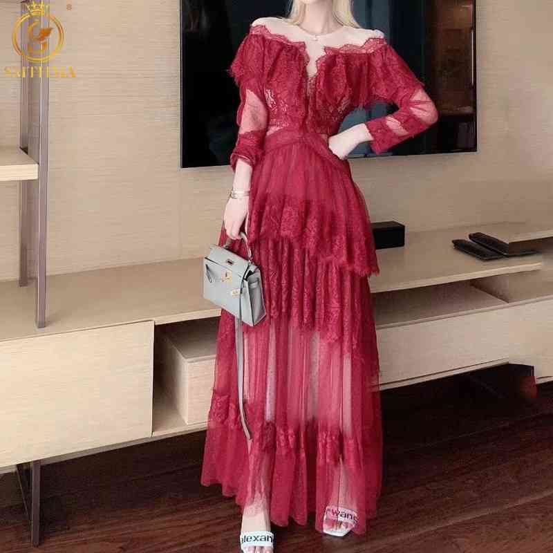 

Spring Vintage Red Patchwork Lace Long Dress For Woman Slim Waist Elegant Full Sleeve O-Neck Vestidos 210520, Photo color