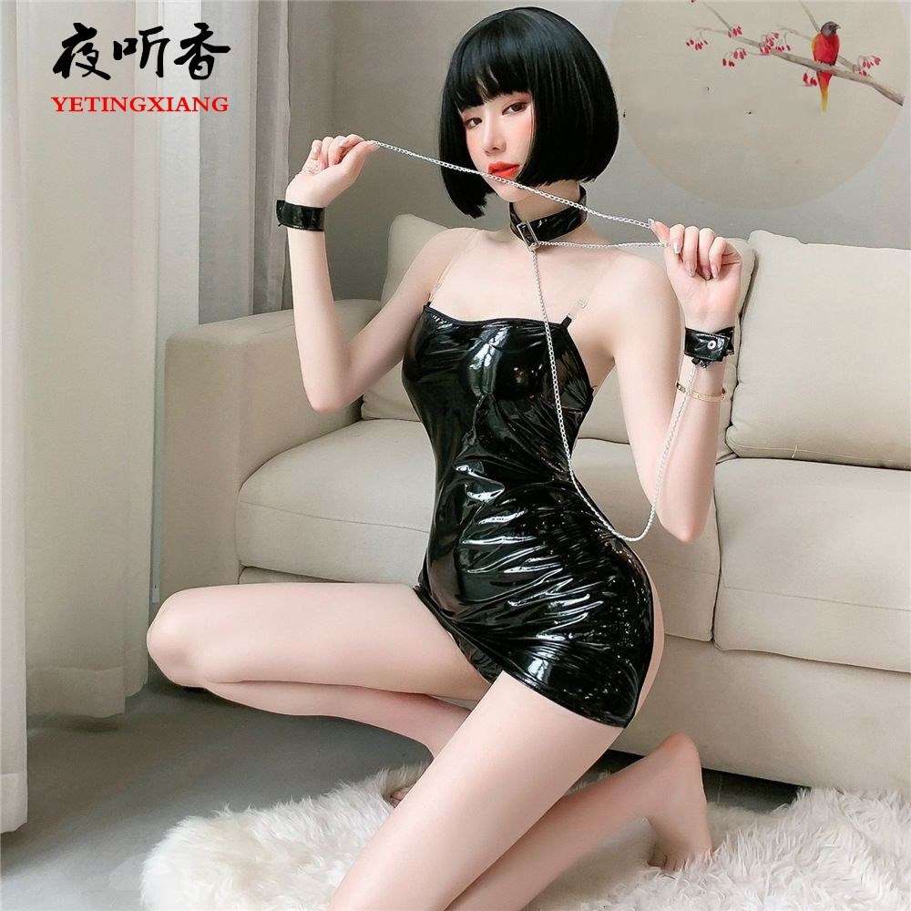 

New Lingerie Sexy queen hollowed out patent leather game dress handcuffs chain temptation wrapped chest tight miniskirt, Black;white