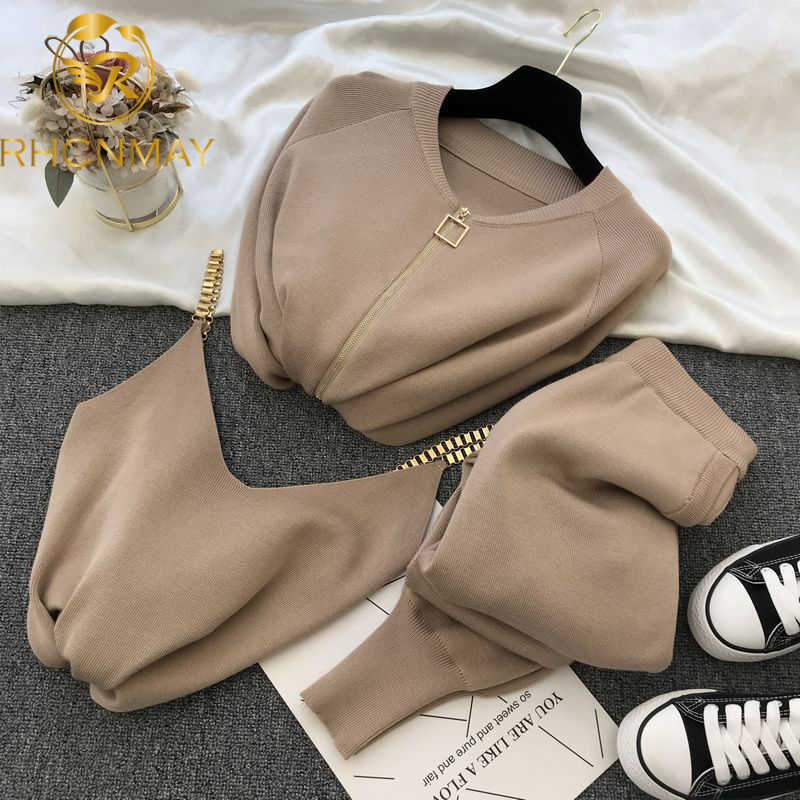 

Women Zipper Knitted Cardigans Sweaters + Pants Sets + Vest Woman Fashion Jumpers Trousers 2 PCS Costumes Outfit Y0607, Khaki