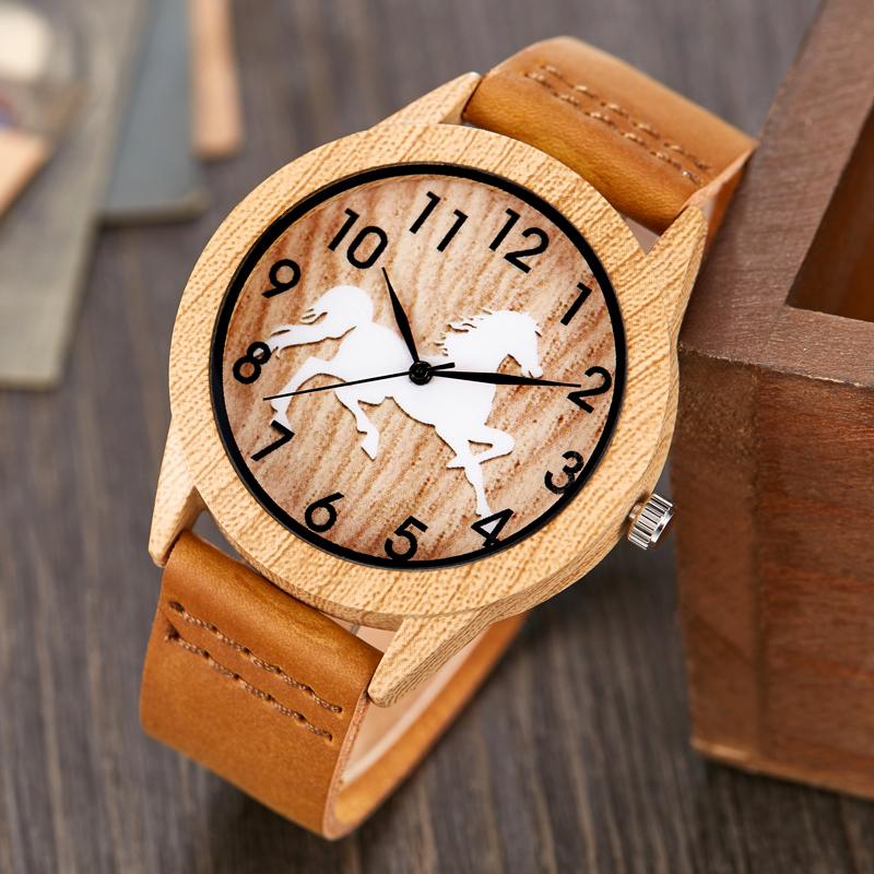 

Wristwatches Arrival 2021 Imitation Wood Running Horse Design Men Watches Quartz Movement Brown Men's Leather Wristwatch Reloj Masculino, Horse watch 2