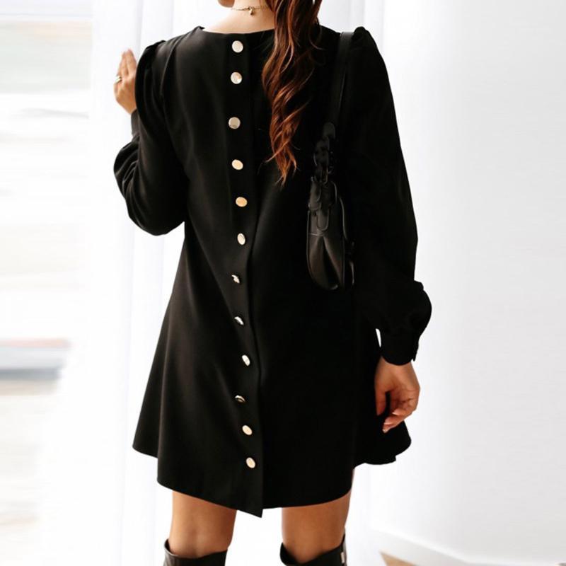 

Casual Dresses 4# Women' Round Neck Dress With Metal Buttons Fashion Lining Long-sleeved Black Button Midi Sundress, Gn