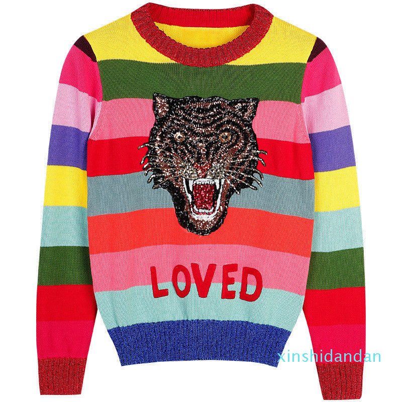 

Tiger Sequin Women Color Striped Sweaters Pullovers Runway Lady Winter Knitted Sweater Jumper Clothes, As pic