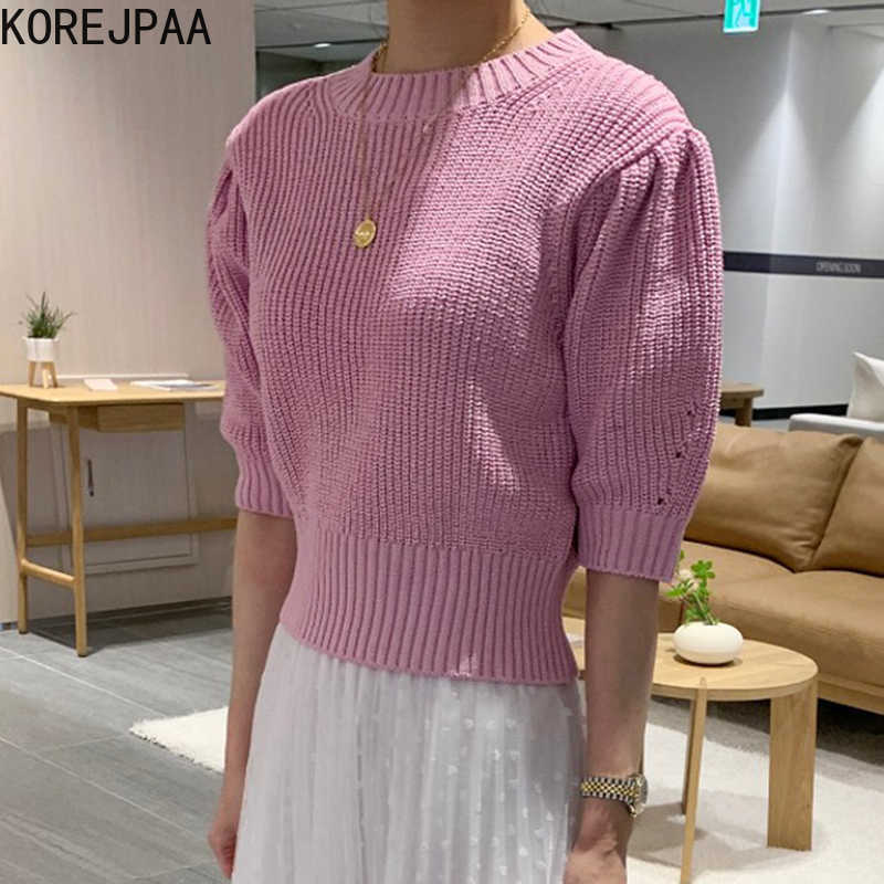 

Korejpaa Women T-Shirt Summer Korean Playful Age-Reducing Candy Color Round Neck Slim Waist Puff Sleeve Knitted Pullovers 210526, Pink