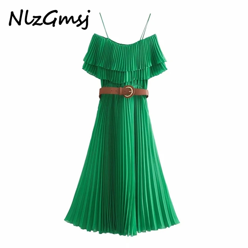 

fashion women solid chifon pleated dress off shoulder short sleeve ladies belt long vestidos 210628, Green