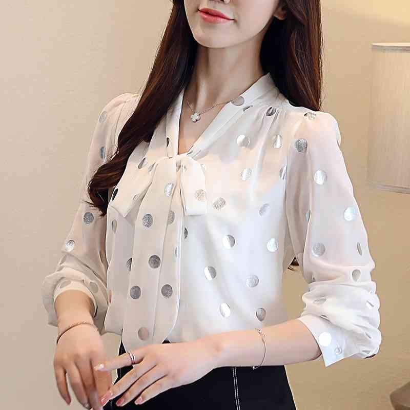 

Blouse Women Blusas Mujer De Moda V-Neck Dot White Chiffon Blouse Shirt Long Sleeve Women Blouses Shirts Top Female D519 210602