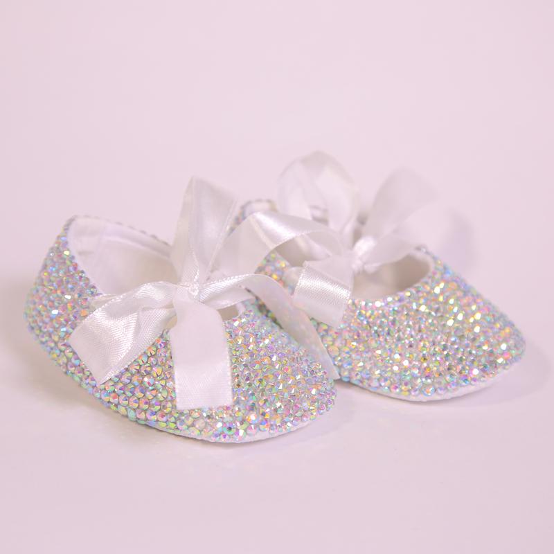 

First Walkers AB Crystal Sparkle Bling Shining White Ribbon Bow Handmade Soft Soled 0-1 Born Princess Baby Girl Boutique Shoes