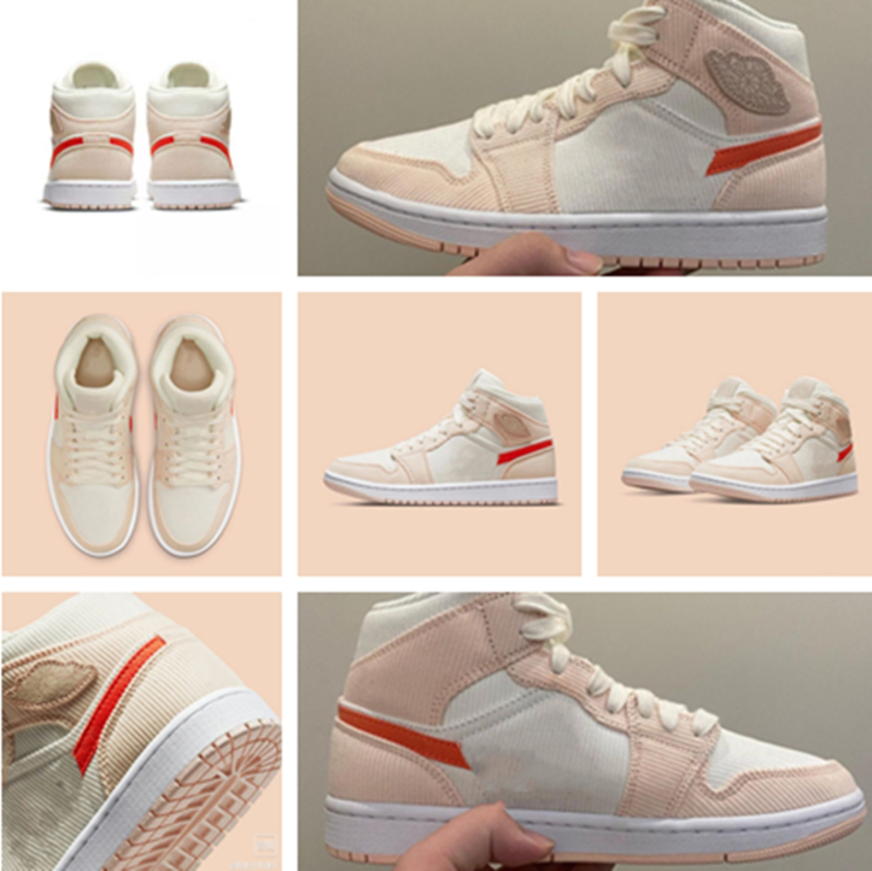 

2021 High Quality Women 1 1S Mid Corduroy Basketball Shoes Ladies Beige Orange Retro Casual Sport Sneakers DA8009-108, Customize