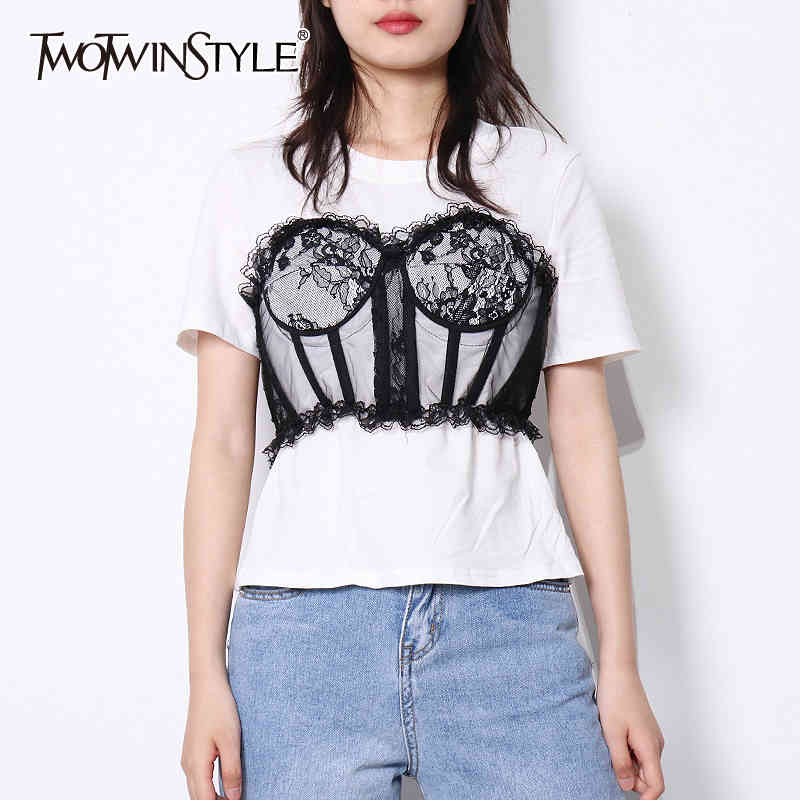 

TWOWINSYLE Lace Patchwork Shirt For Women O Neck Short Sleeve Hit Color Loose Shirts Females Fashion Clothing Summer 210524, White