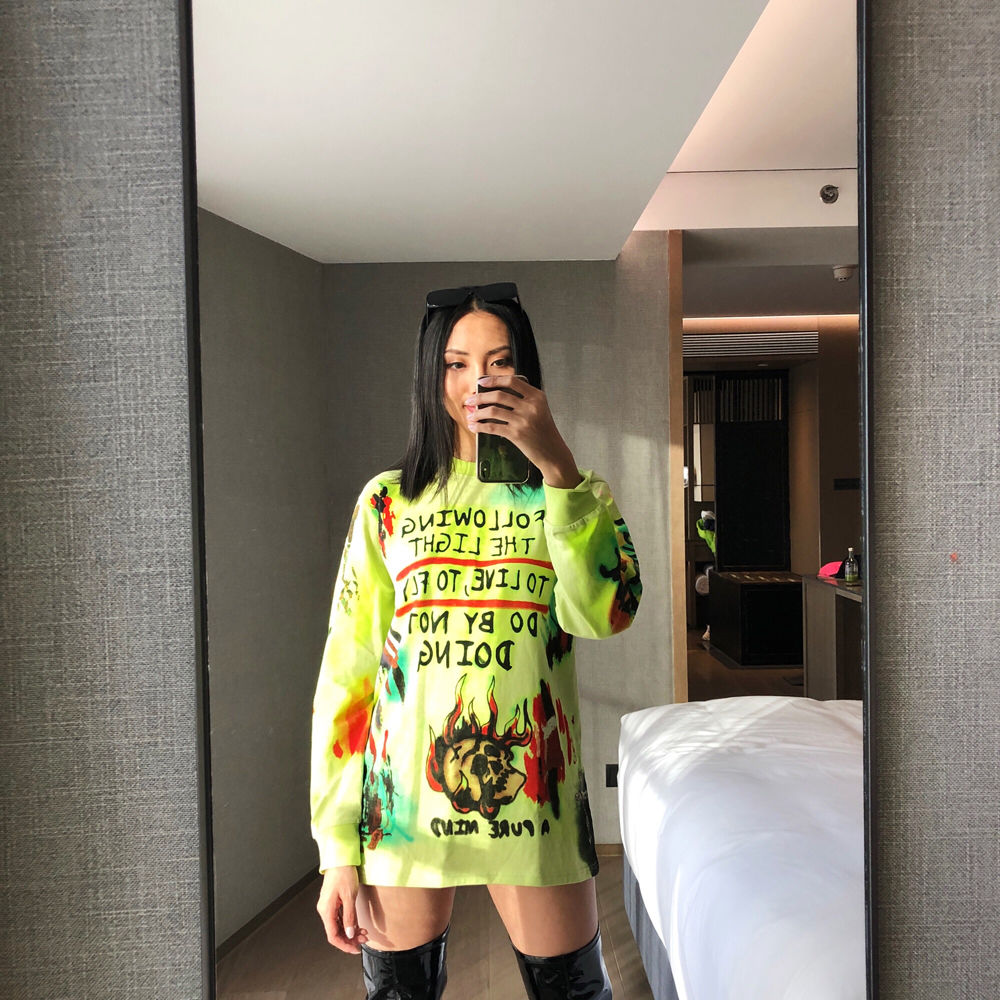 

Men and Women Shirts Autumn Tie-dye Loose Hand-painted Graffiti Thick Cotton Long-sleeved T-shirt, Green