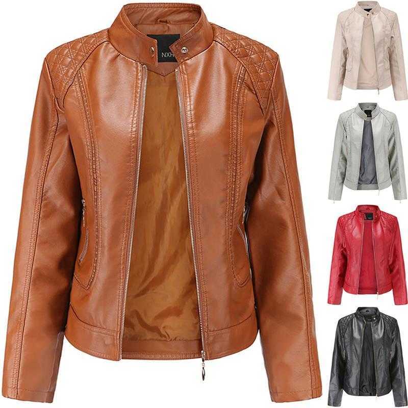 Fall Women PU Outwear Solid Color Faux Leather Flight Jacket Coat Zip Up Stand-Up Collar Autumn Coats Winter Streetwear 210909