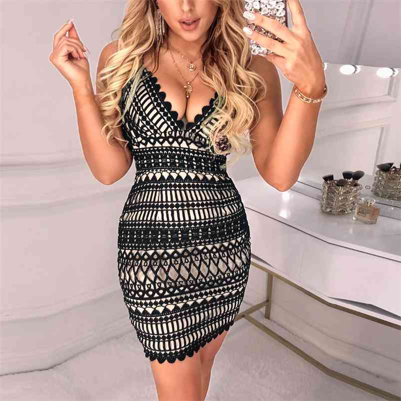 

Women Elegant Fashion Sexy Mini Bodycon Dresses Deep V-Neck Halter Hollow Out Scalloped Trim Cocktail Party Dress 210423, Black;gray