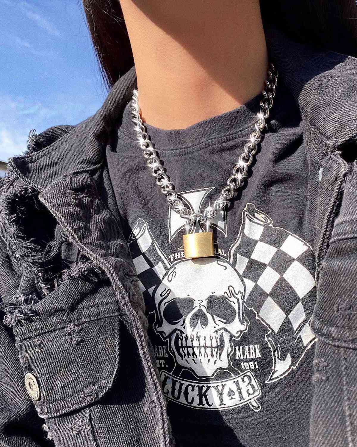 

100% Stainless Steel Lock Pendant Necklace For Women Men Heavy Streetwear Chain Metal Padlock Choker Collar