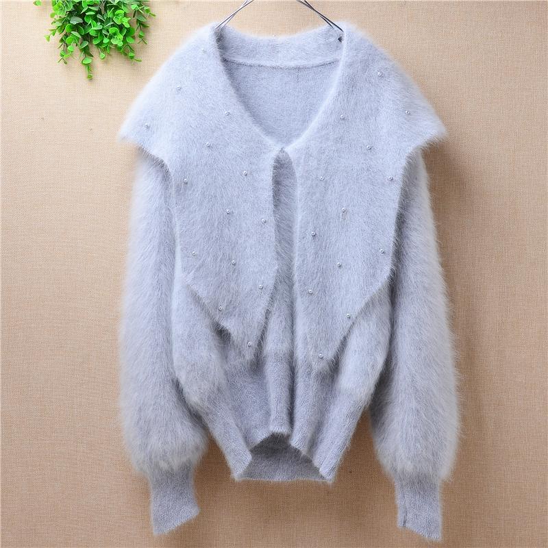 

Women's Sweaters Fashion Turn-down Big Collar Mink Cashmere Knitted Jumper Angora Fur Sweater Coat Pullover Mantle Women Ladeis Winte, Body63cm chest92cm