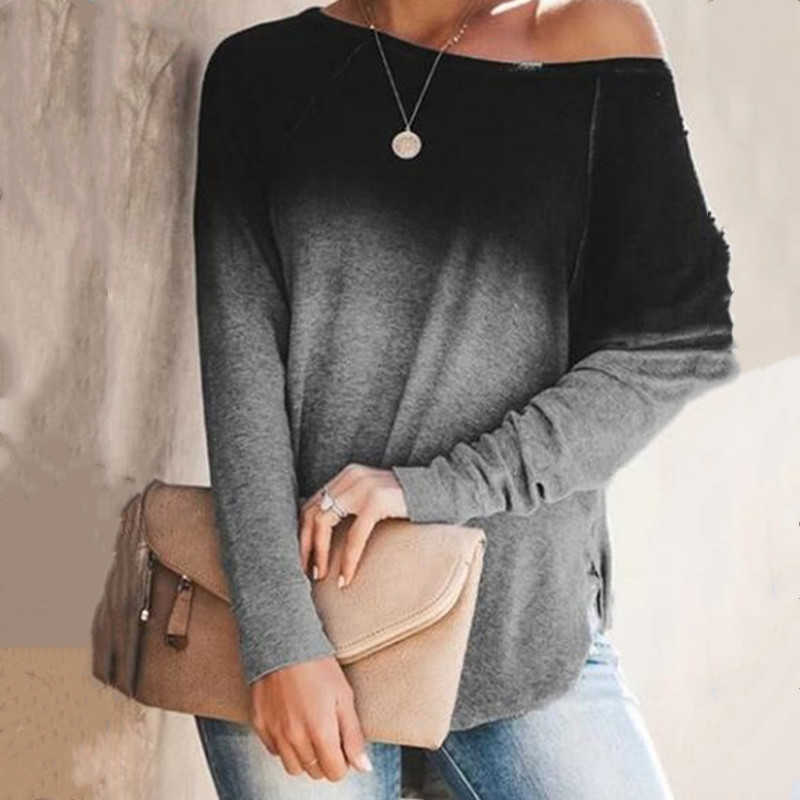 

Off Shoulder Gradient Print T-shirt Women Autumn Slash Neck Long Sleeve Casual Loose Pullover Tops Ladies Oversized T-Shirt 210526, Coffee