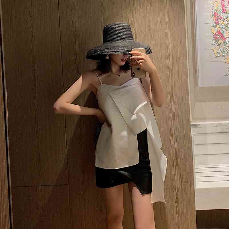 

Fashion Women Summer Tops Ladies Strap Patchwork Asymmetric Hem Slim Camis Sexy White Blouse Shirt Tunic Streetwear 210608