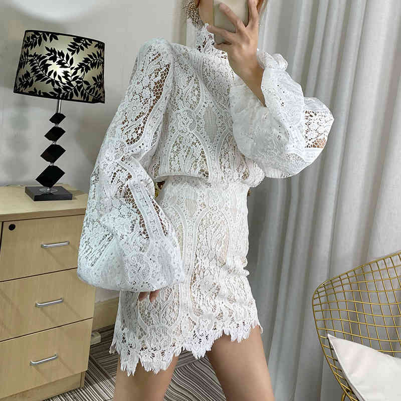 

Women High Elastic Waist Buttocks Skirt Vintage Lace Hollow Out Shirt Two Piece Set Fashion Spring Summer 11B135 210525, White