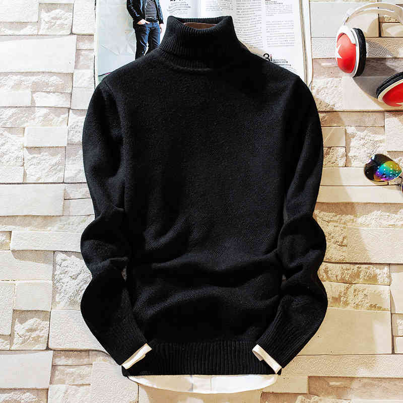 

sweater knit men's warm and thickened t shirt youth slim high collar pullover solid color base, White;black
