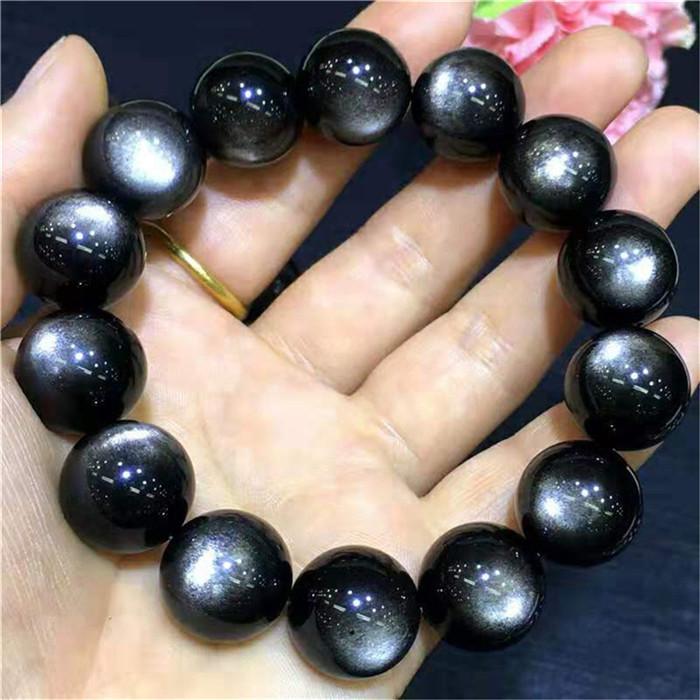 

Link, Chain Genuine Natural Silver Obsidian Flash Bracelet Women Men Stone Stretch Round Beads Crystal 10mm 11mm 12mm 13mm 14mm 15mm